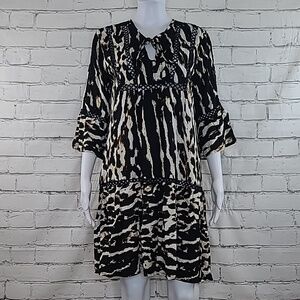 Jaase Flowy Boho Animal Print A-Line Babydoll Mini Dress in Black/Brown/Cream